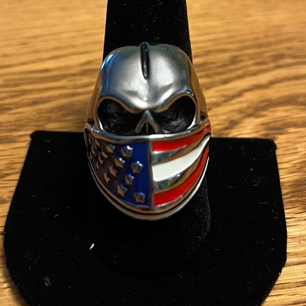 Stainless Steel Skull Ring with American Flag Design